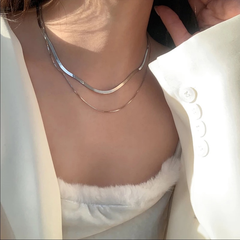 NEW 925 STERLING SILVER DOUBLE LAYER CHAIN NECKLACE, NICE NECKLACE,CUTE NECKLACE - Picture 3 of 4